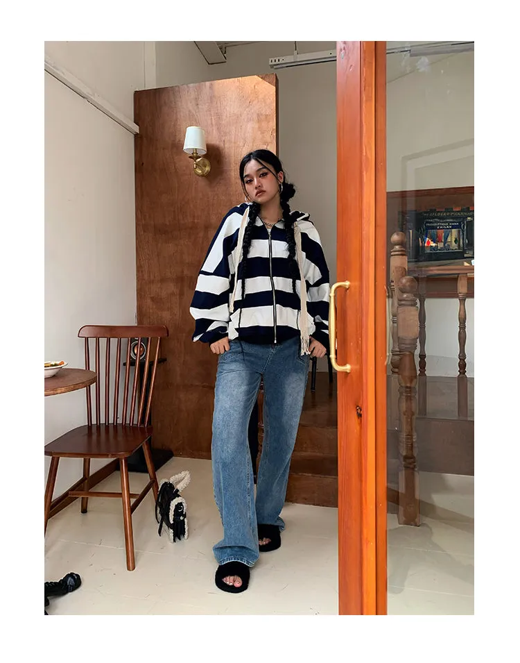Joanna Striped Black & White Long Sleeve Baggy Hoodie Sweatshirt