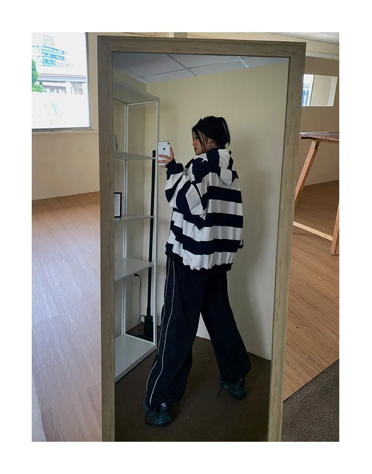 Joanna Striped Black & White Long Sleeve Baggy Hoodie Sweatshirt