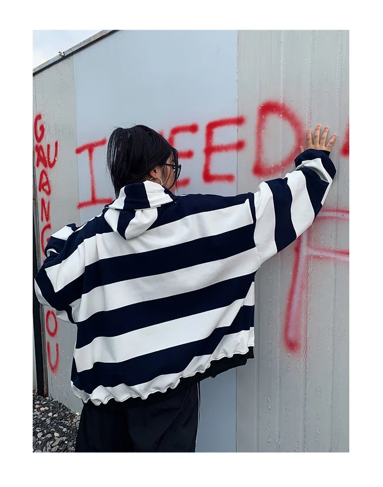 Joanna Striped Black & White Long Sleeve Baggy Hoodie Sweatshirt