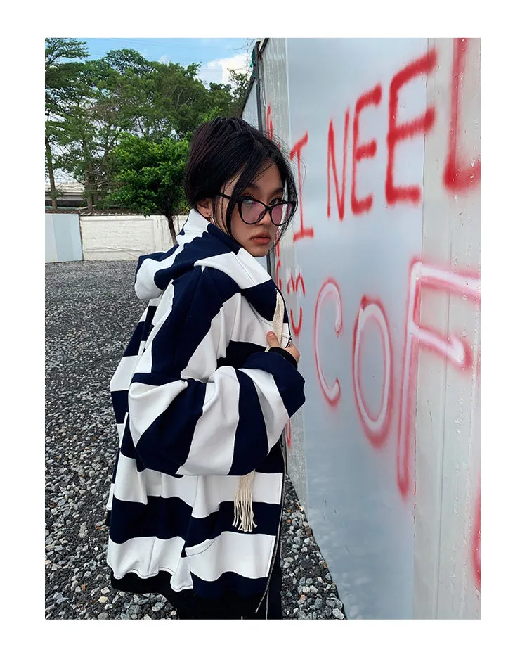 Joanna Striped Black & White Long Sleeve Baggy Hoodie Sweatshirt
