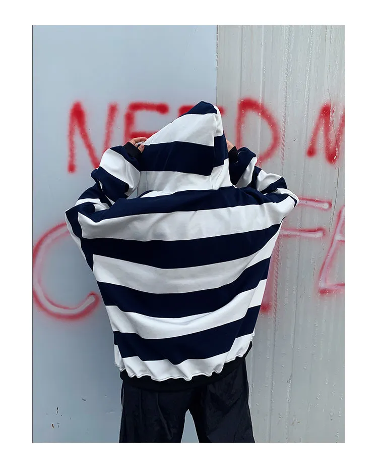 Joanna Striped Black & White Long Sleeve Baggy Hoodie Sweatshirt