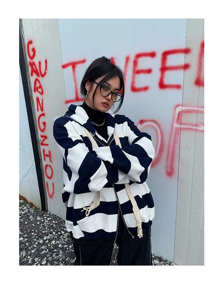 Joanna Striped Black & White Long Sleeve Baggy Hoodie Sweatshirt