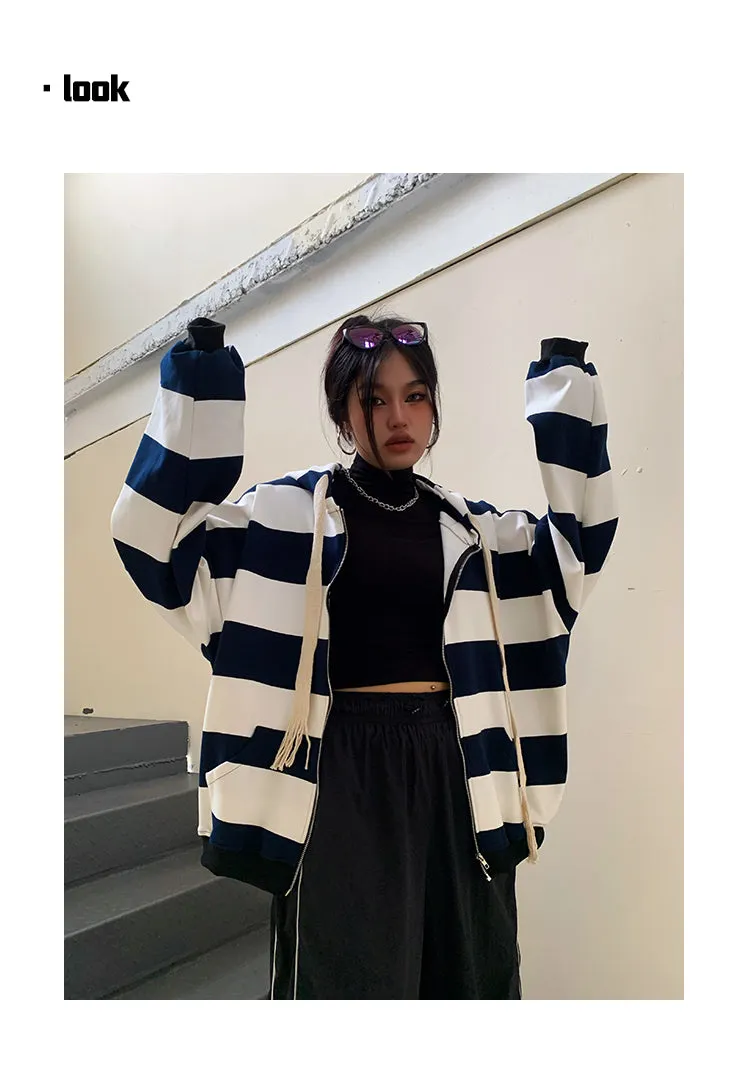 Joanna Striped Black & White Long Sleeve Baggy Hoodie Sweatshirt