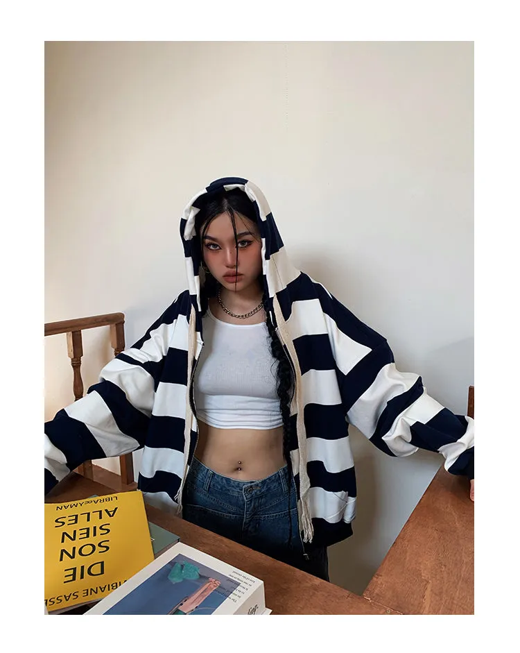 Joanna Striped Black & White Long Sleeve Baggy Hoodie Sweatshirt