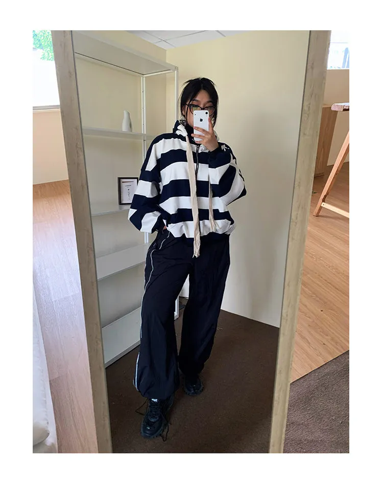 Joanna Striped Black & White Long Sleeve Baggy Hoodie Sweatshirt