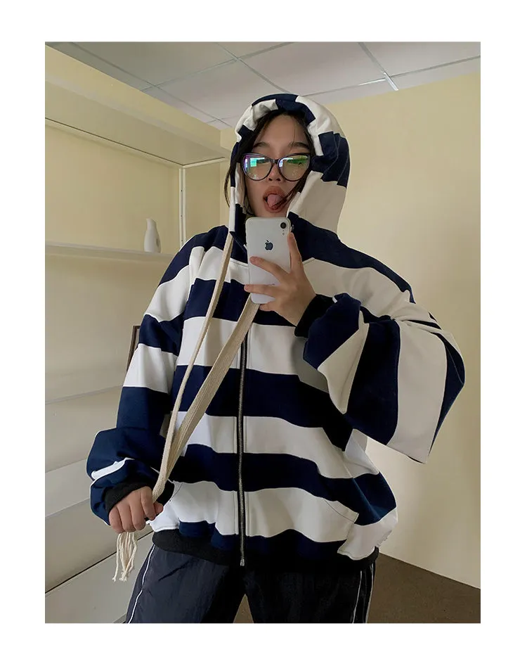 Joanna Striped Black & White Long Sleeve Baggy Hoodie Sweatshirt