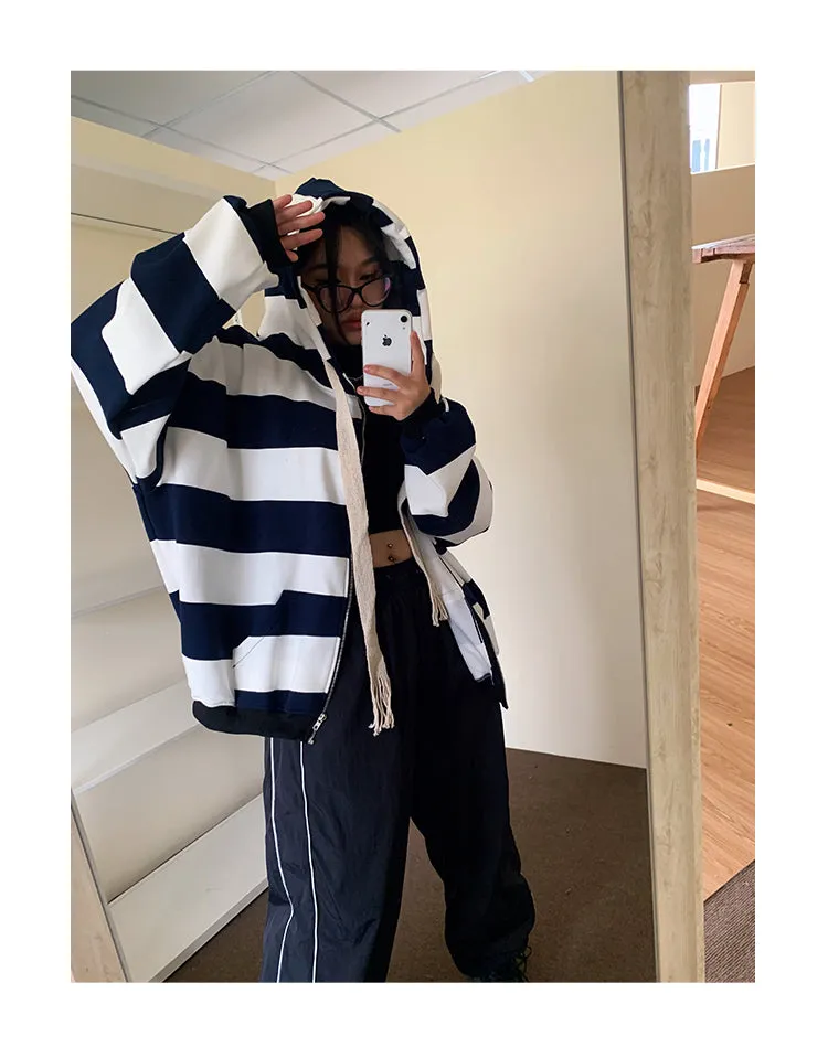 Joanna Striped Black & White Long Sleeve Baggy Hoodie Sweatshirt