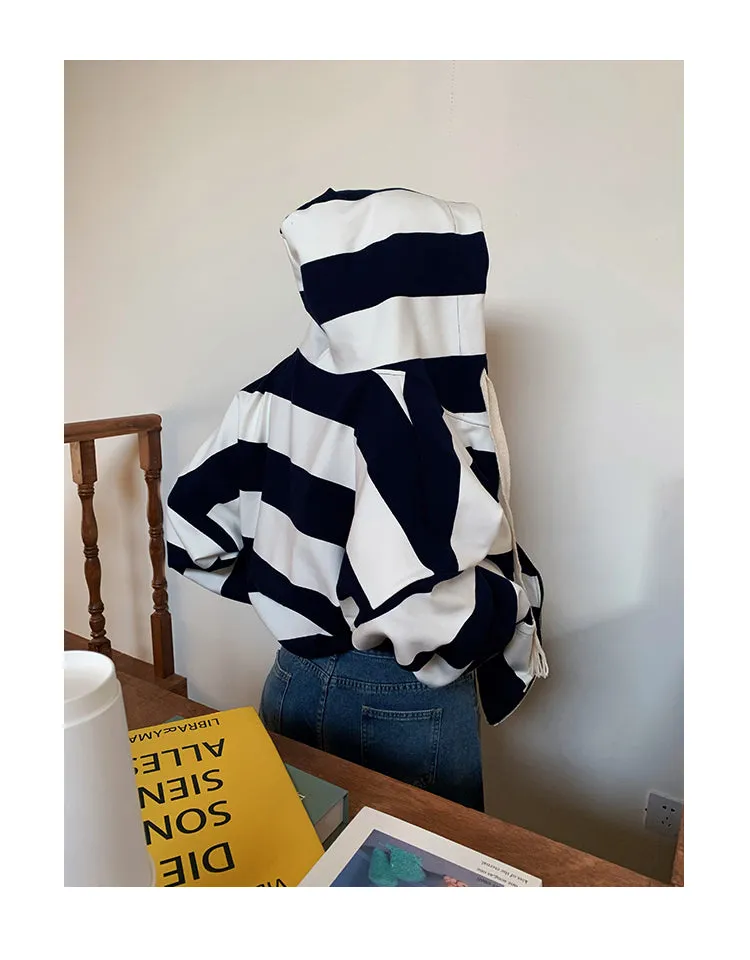 Joanna Striped Black & White Long Sleeve Baggy Hoodie Sweatshirt