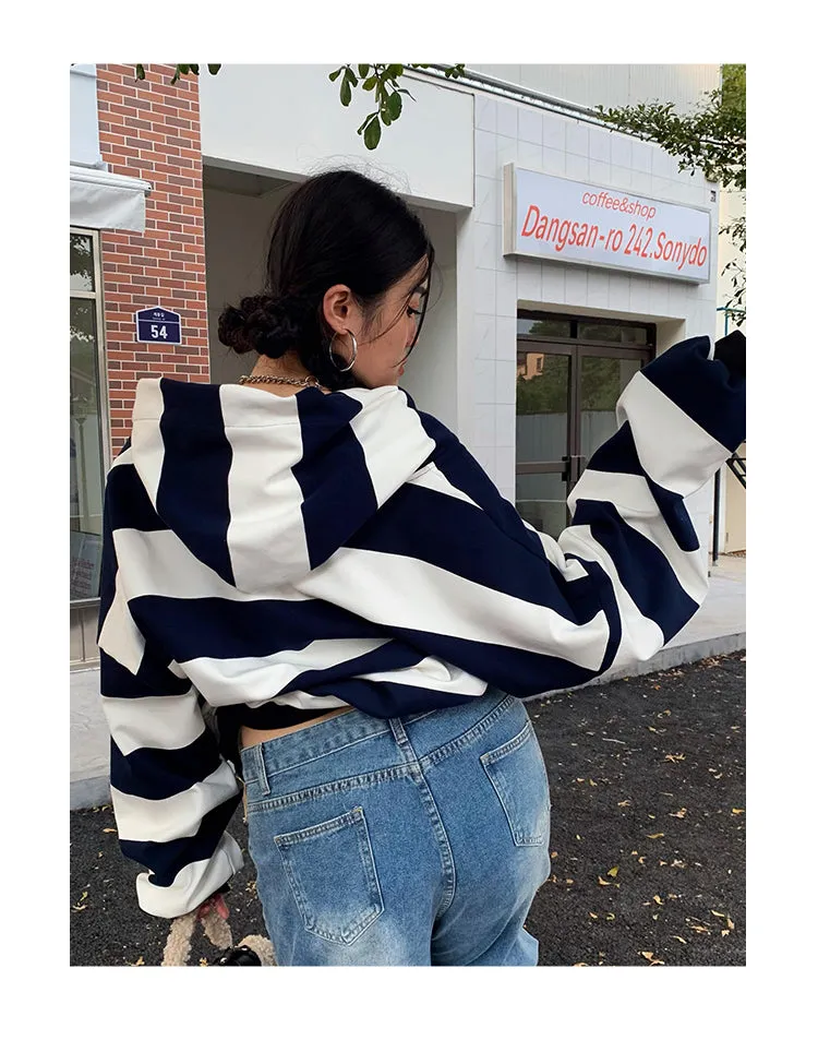 Joanna Striped Black & White Long Sleeve Baggy Hoodie Sweatshirt