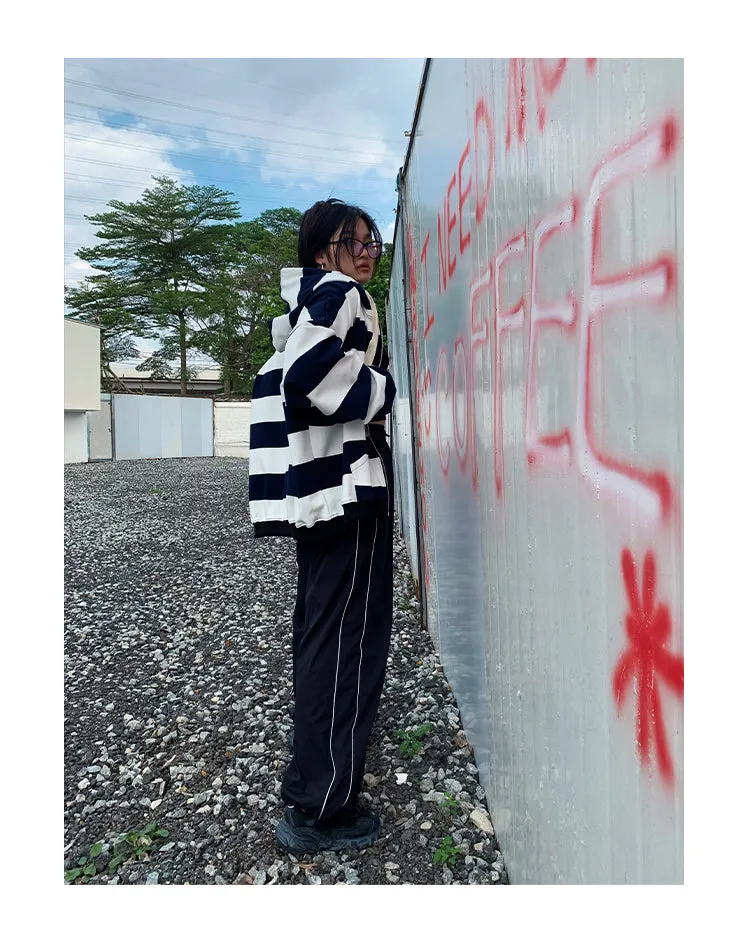 Joanna Striped Black & White Long Sleeve Baggy Hoodie Sweatshirt