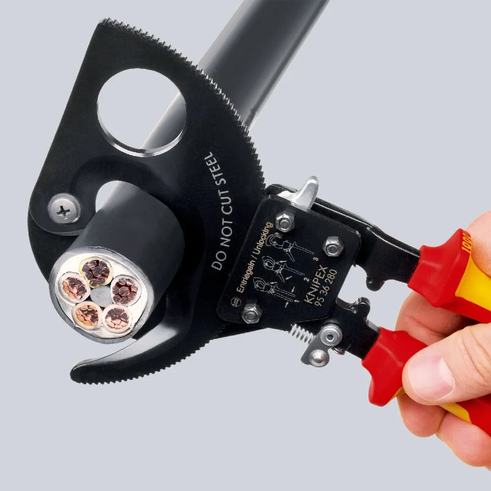 KNIPEX Cable Cutter Ratchet Action 32mm Diameter Cutting Capacity 250mm VDE Insulated Multi Component Grips 95 36 250
