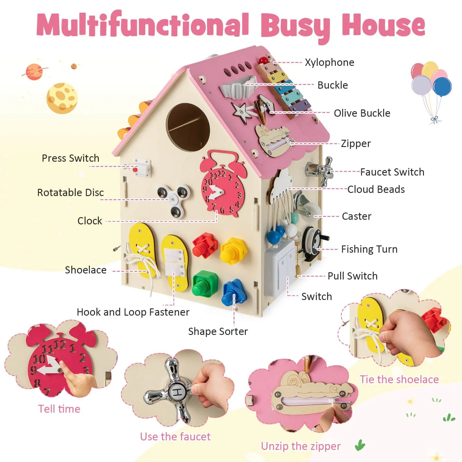 Large Deluxe Montessori Sensory Busy Board | Learning Activity Toy | Interior Storage | Music Box | Pink
