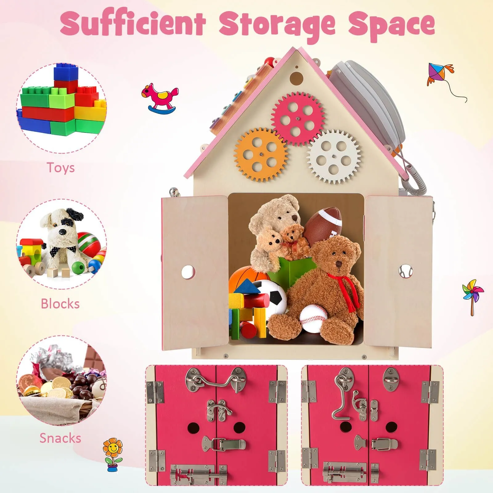 Large Deluxe Montessori Sensory Busy Board | Learning Activity Toy | Interior Storage | Music Box | Pink
