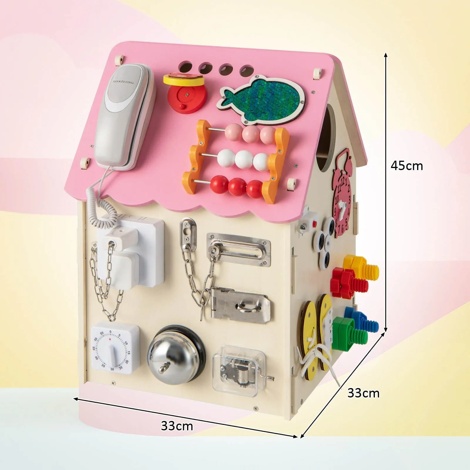 Large Deluxe Montessori Sensory Busy Board | Learning Activity Toy | Interior Storage | Music Box | Pink