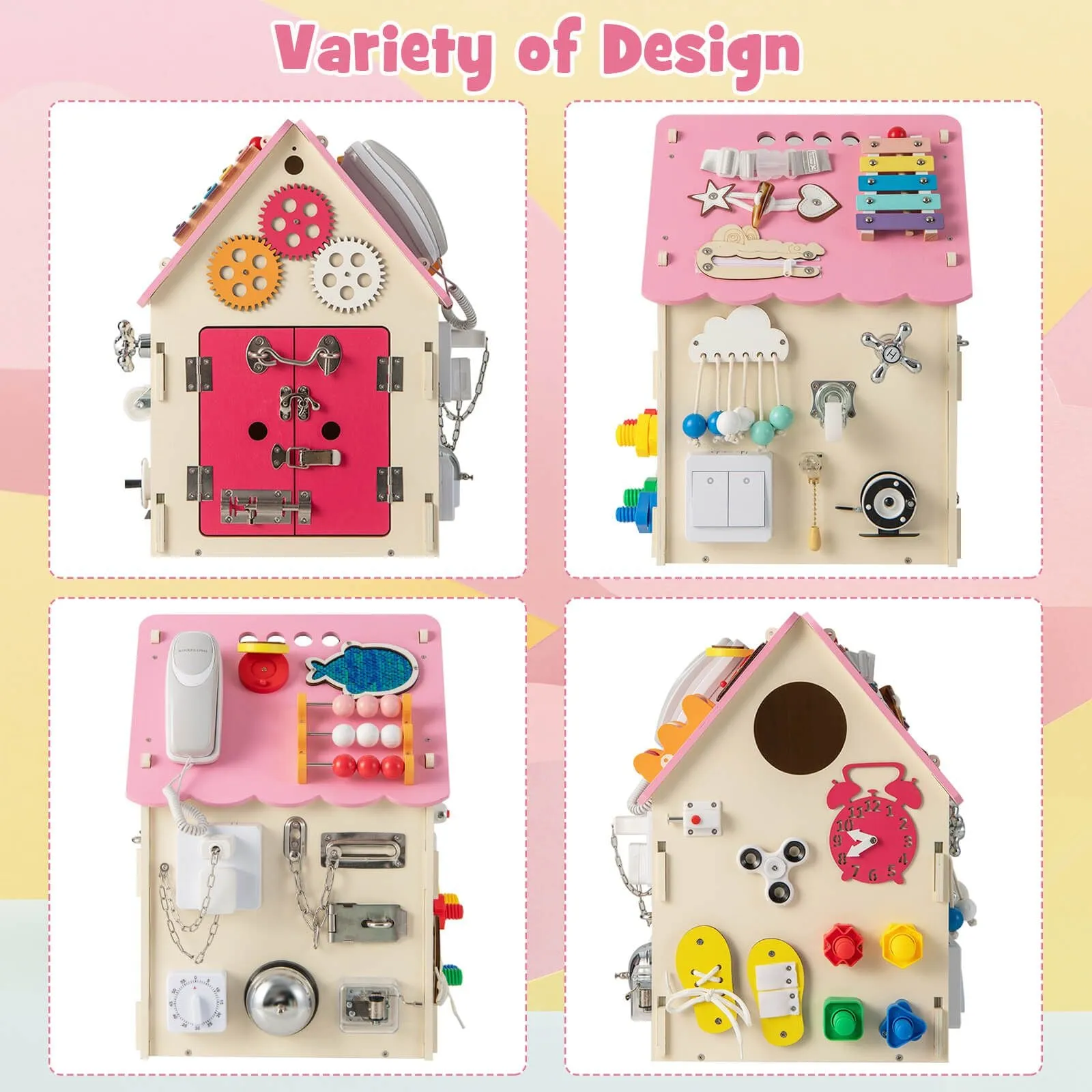 Large Deluxe Montessori Sensory Busy Board | Learning Activity Toy | Interior Storage | Music Box | Pink