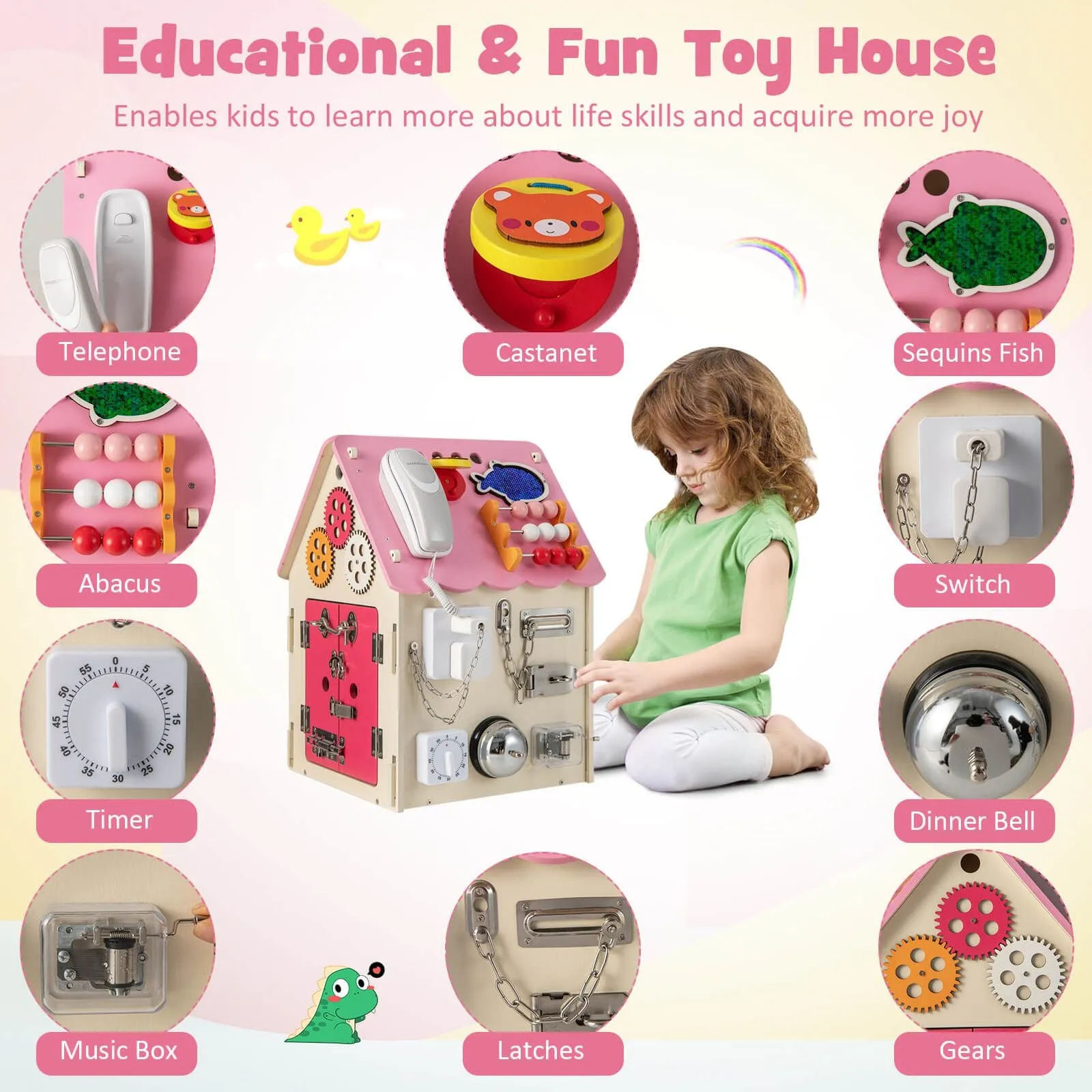 Large Deluxe Montessori Sensory Busy Board | Learning Activity Toy | Interior Storage | Music Box | Pink