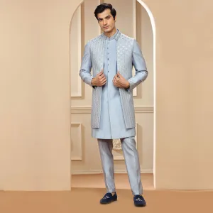Light Blue Gray Indo Western With Long Jacket with Silver Work