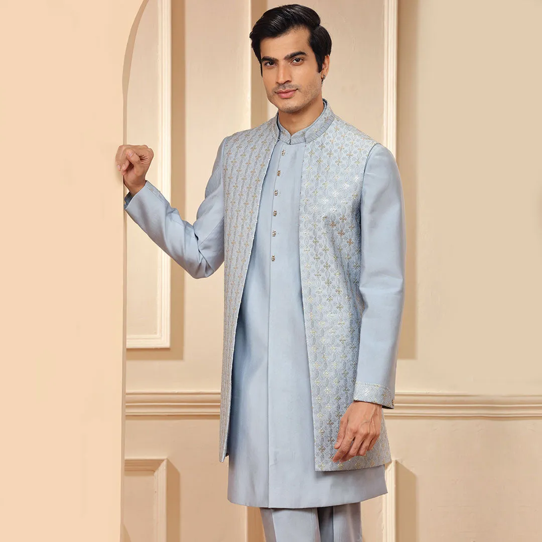 Light Blue Gray Indo Western With Long Jacket with Silver Work