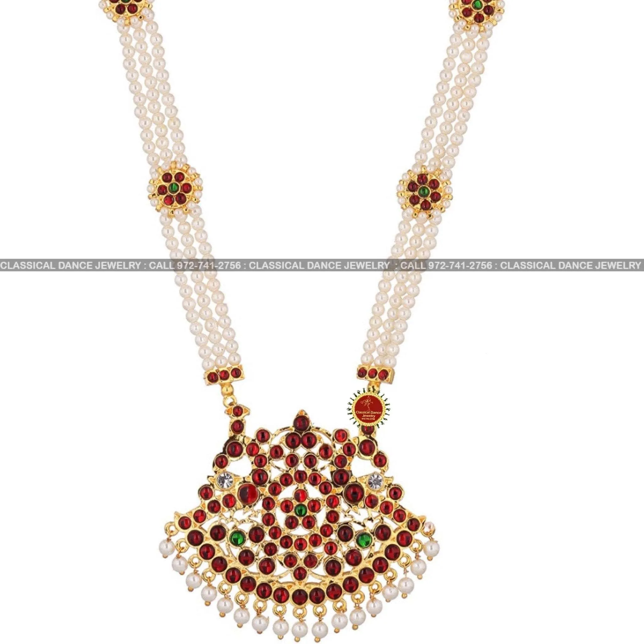 Long Pearl Haram Indian Jewelry | 3 lines | Haram | Bharatnatyam Kuchipudi Weddings | Classical Dance Jewelry