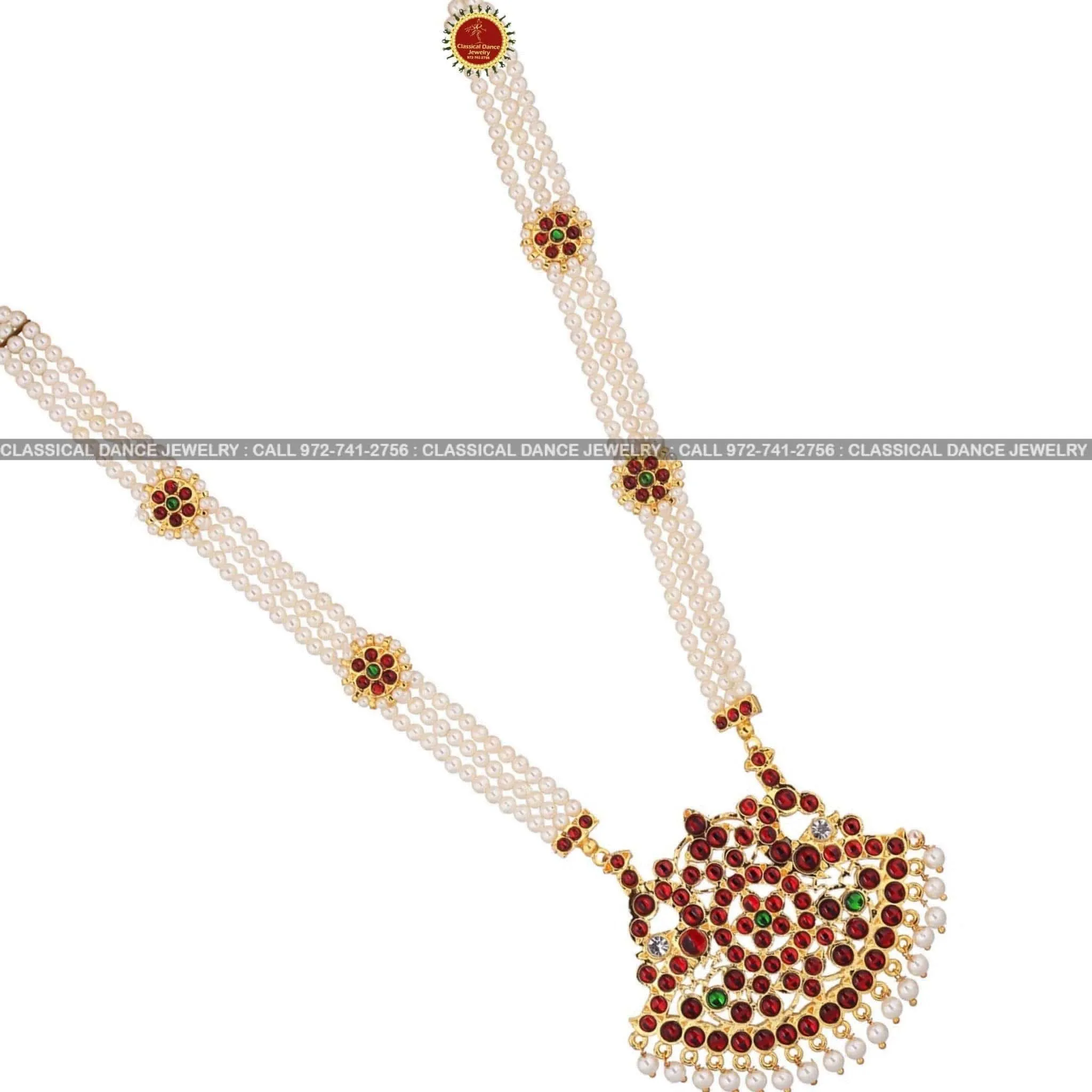 Long Pearl Haram Indian Jewelry | 3 lines | Haram | Bharatnatyam Kuchipudi Weddings | Classical Dance Jewelry