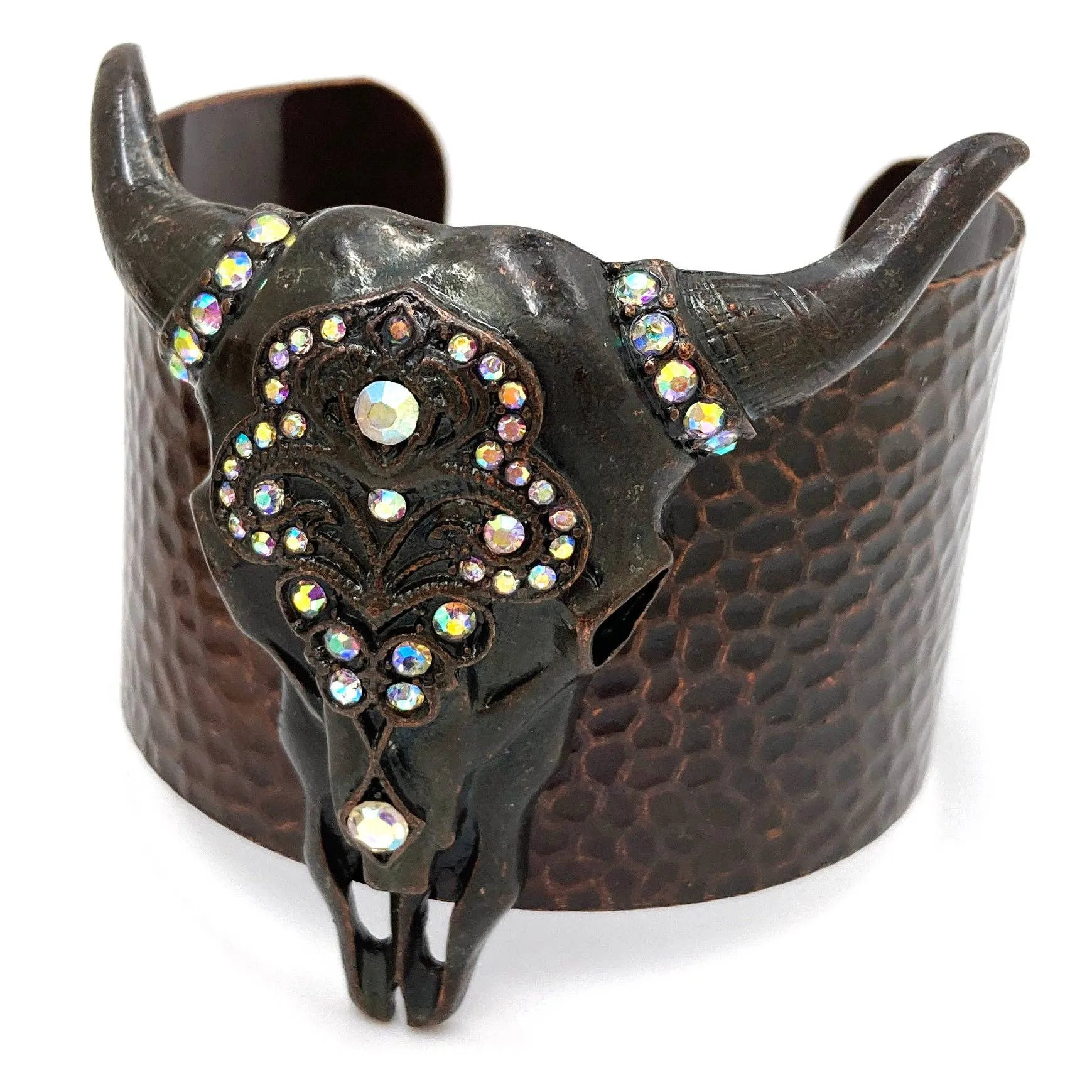 Longhorn Skull Bohemian Rhinestone Western Wide Cuff Bracelet: Silver