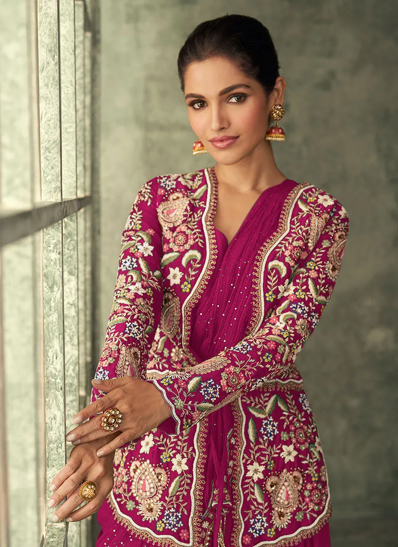 Magenta Multi Embroidery Saree Gown With Jacket