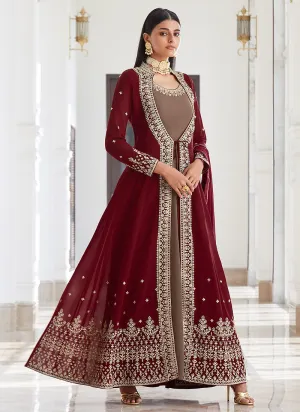 Maroon Embellished Jacket Style Anarkali Suit