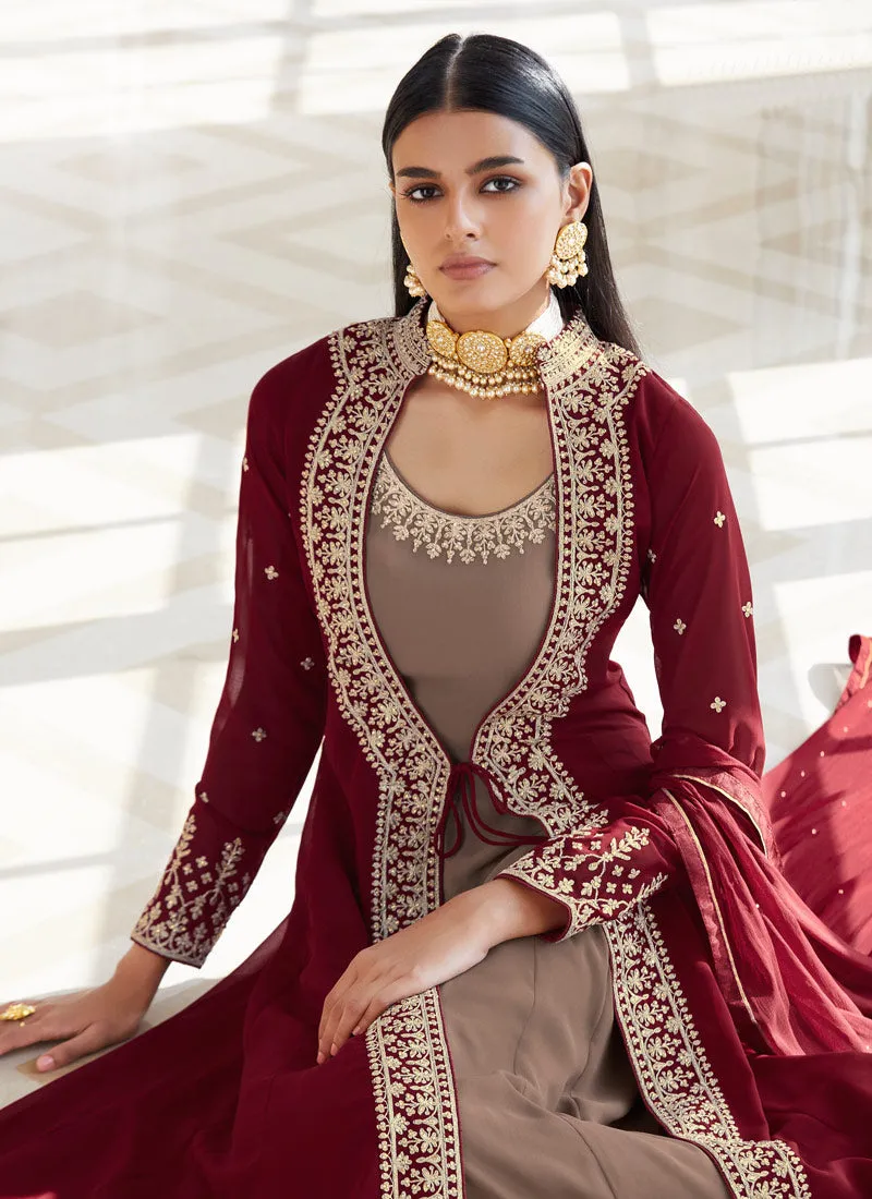 Maroon Embellished Jacket Style Anarkali Suit