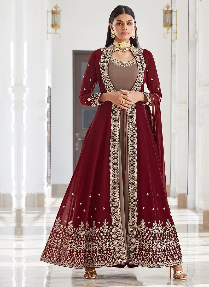 Maroon Embellished Jacket Style Anarkali Suit
