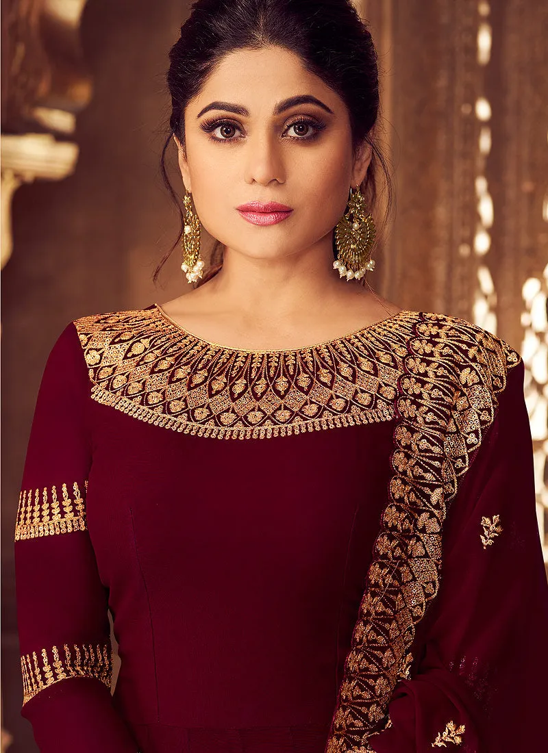 Maroon Golden Traditional Party Wear Anarkali Suit