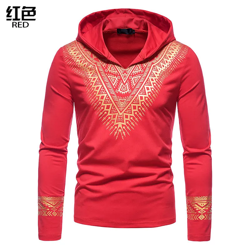 Men's Hollow Ethnic Style Bronzing Hooded Long-sleeved T-shirt