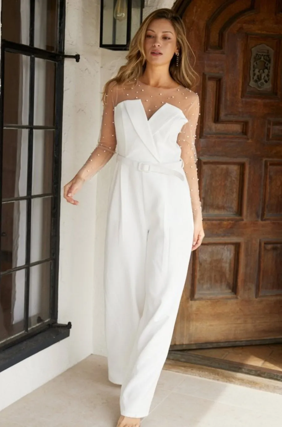 Michelle White Mesh Pearl Jumpsuit