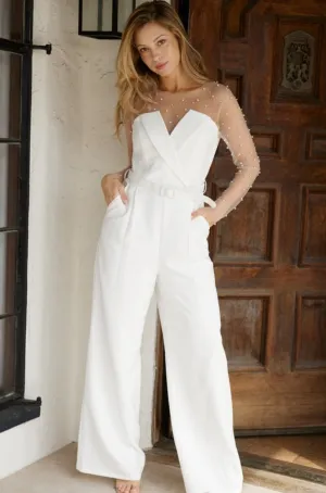 Michelle White Mesh Pearl Jumpsuit
