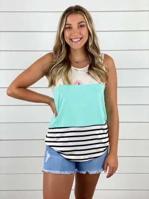 Mint Floral Stripe Color Block Tank