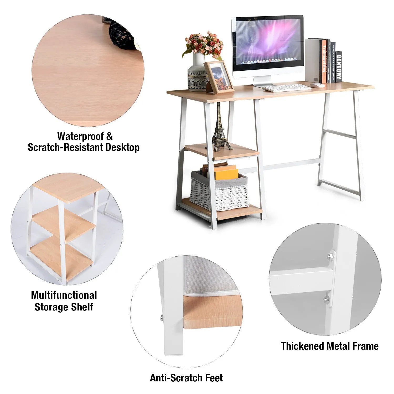 Modern Geo Beech Home Office Table With Storage Shelves