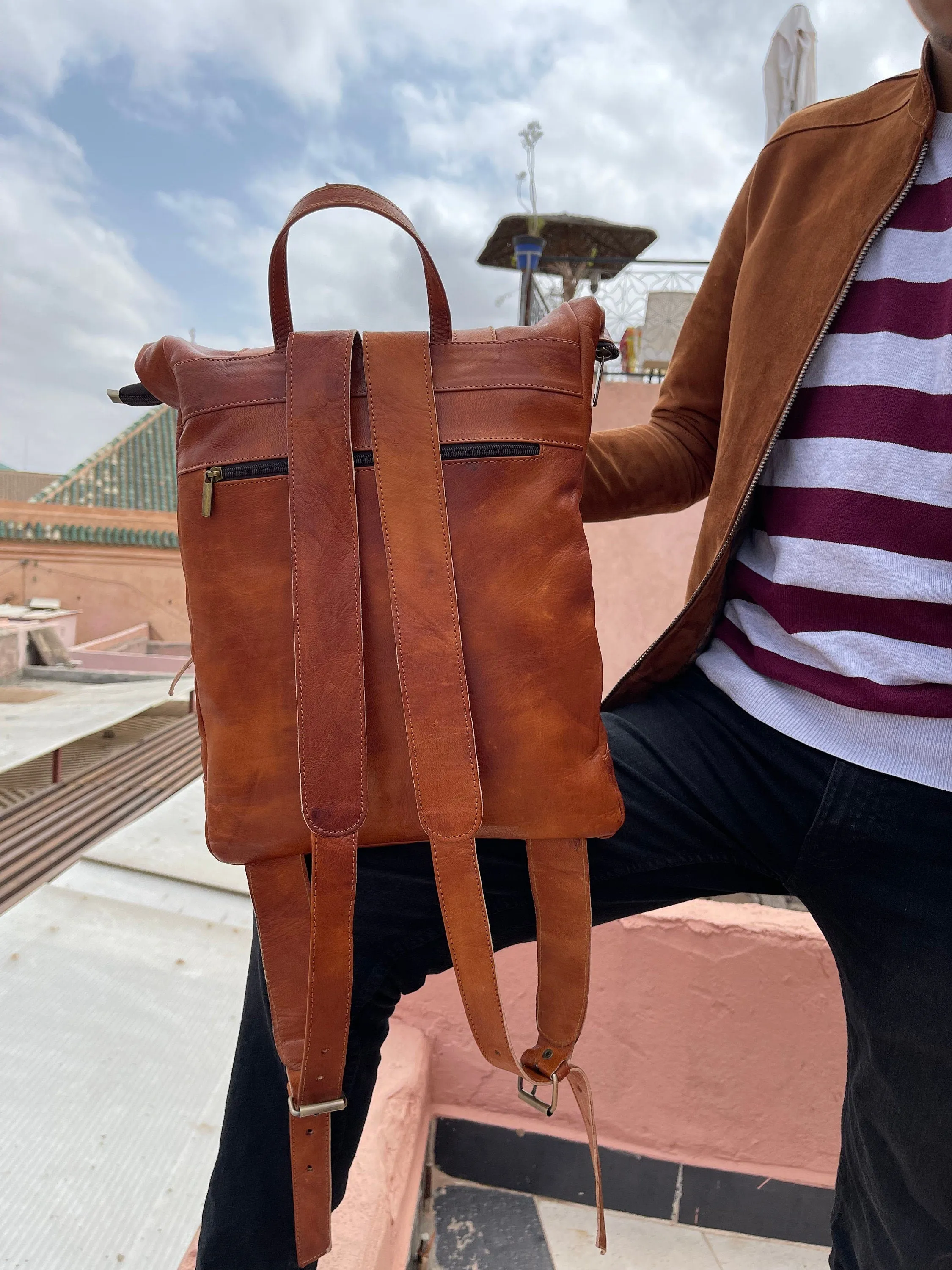 Moroccan Leather Rolltop Backpack - Unisex Hipster Bag - Stylish and Functiona