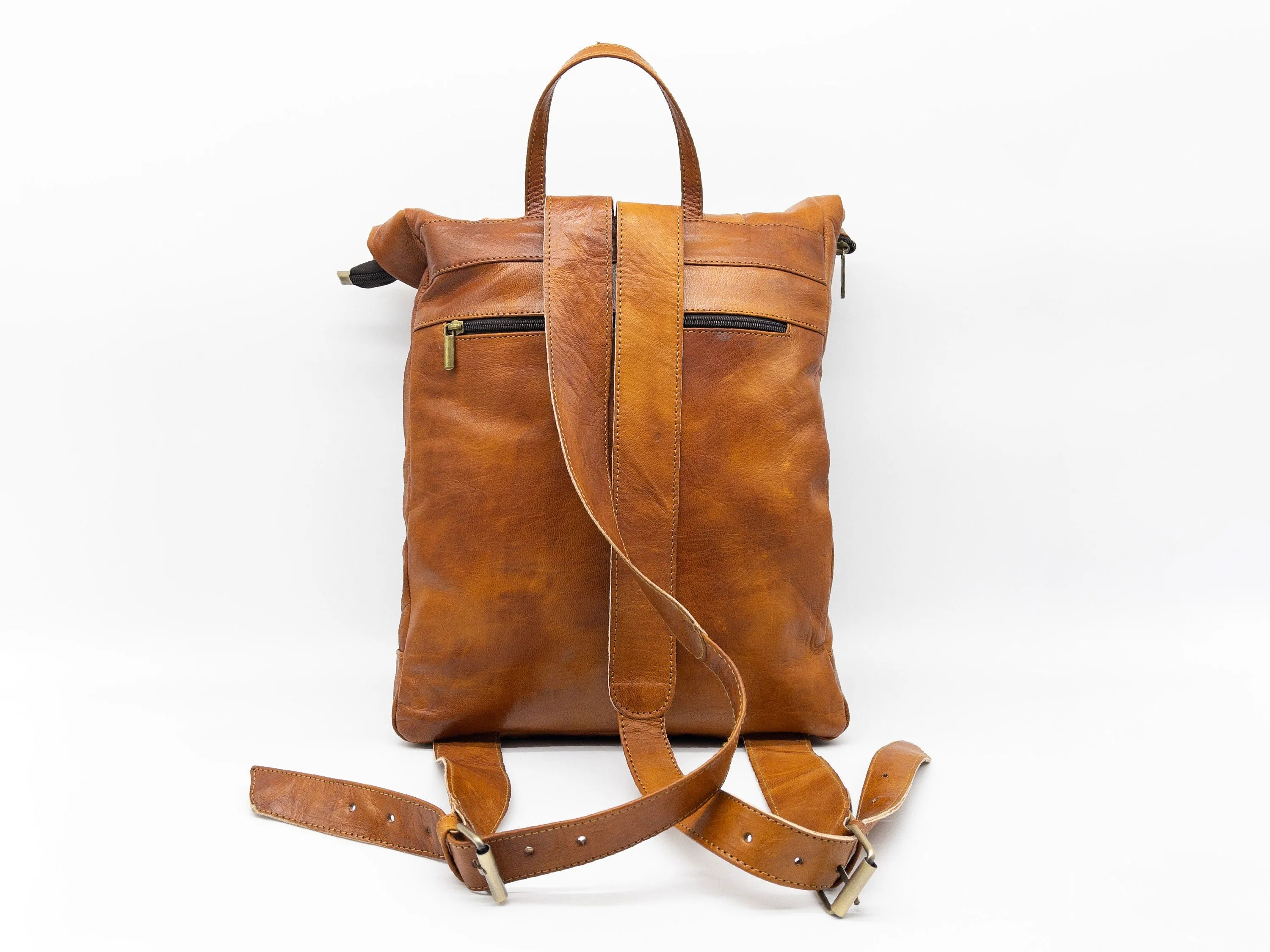 Moroccan Leather Rolltop Backpack - Unisex Hipster Bag - Stylish and Functiona