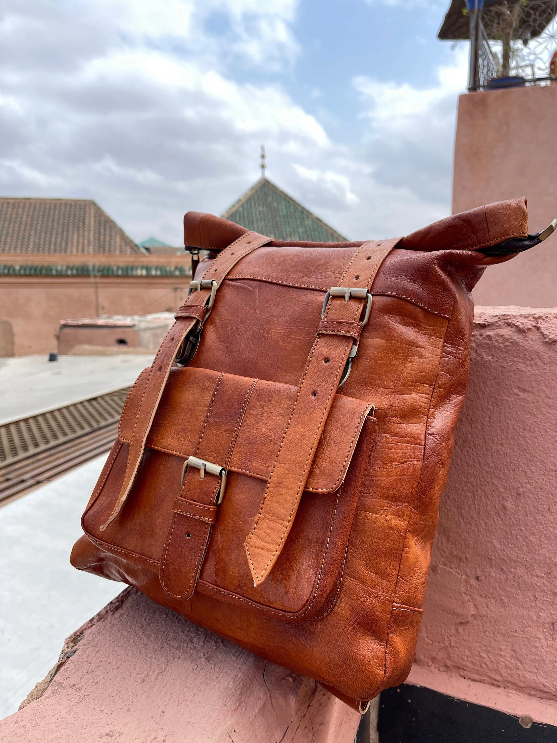 Moroccan Leather Rolltop Backpack - Unisex Hipster Bag - Stylish and Functiona
