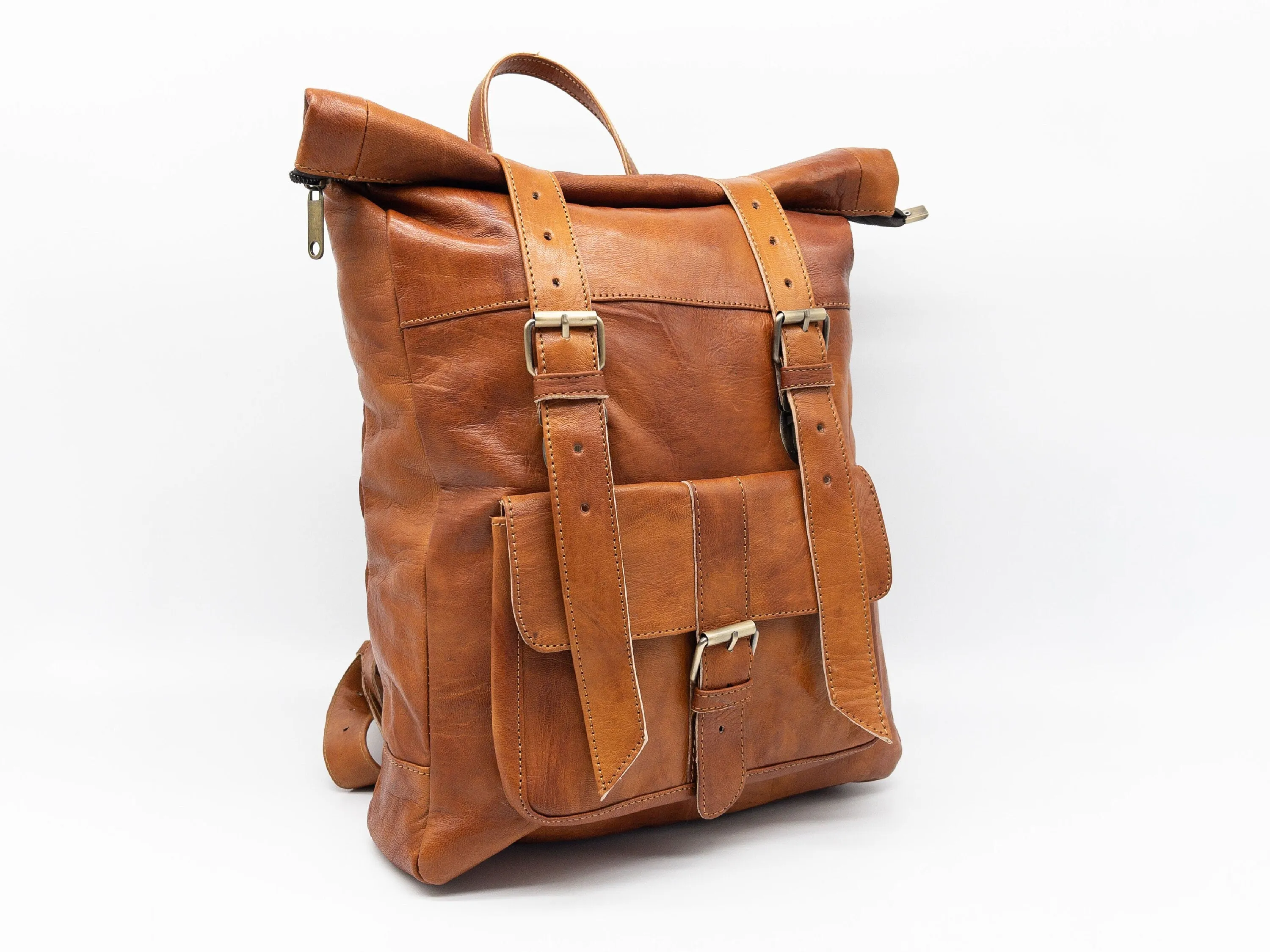 Moroccan Leather Rolltop Backpack - Unisex Hipster Bag - Stylish and Functiona
