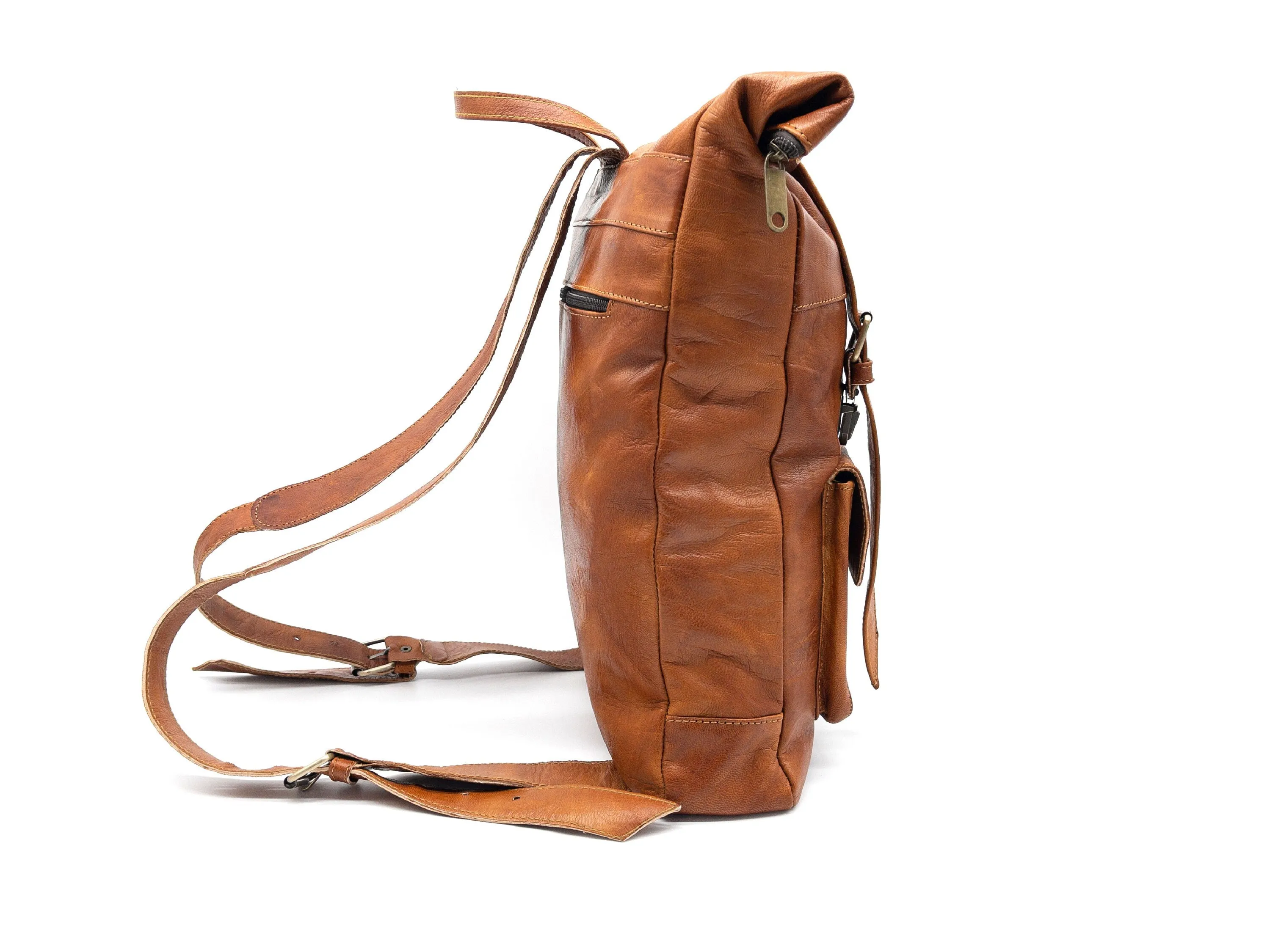 Moroccan Leather Rolltop Backpack - Unisex Hipster Bag - Stylish and Functiona