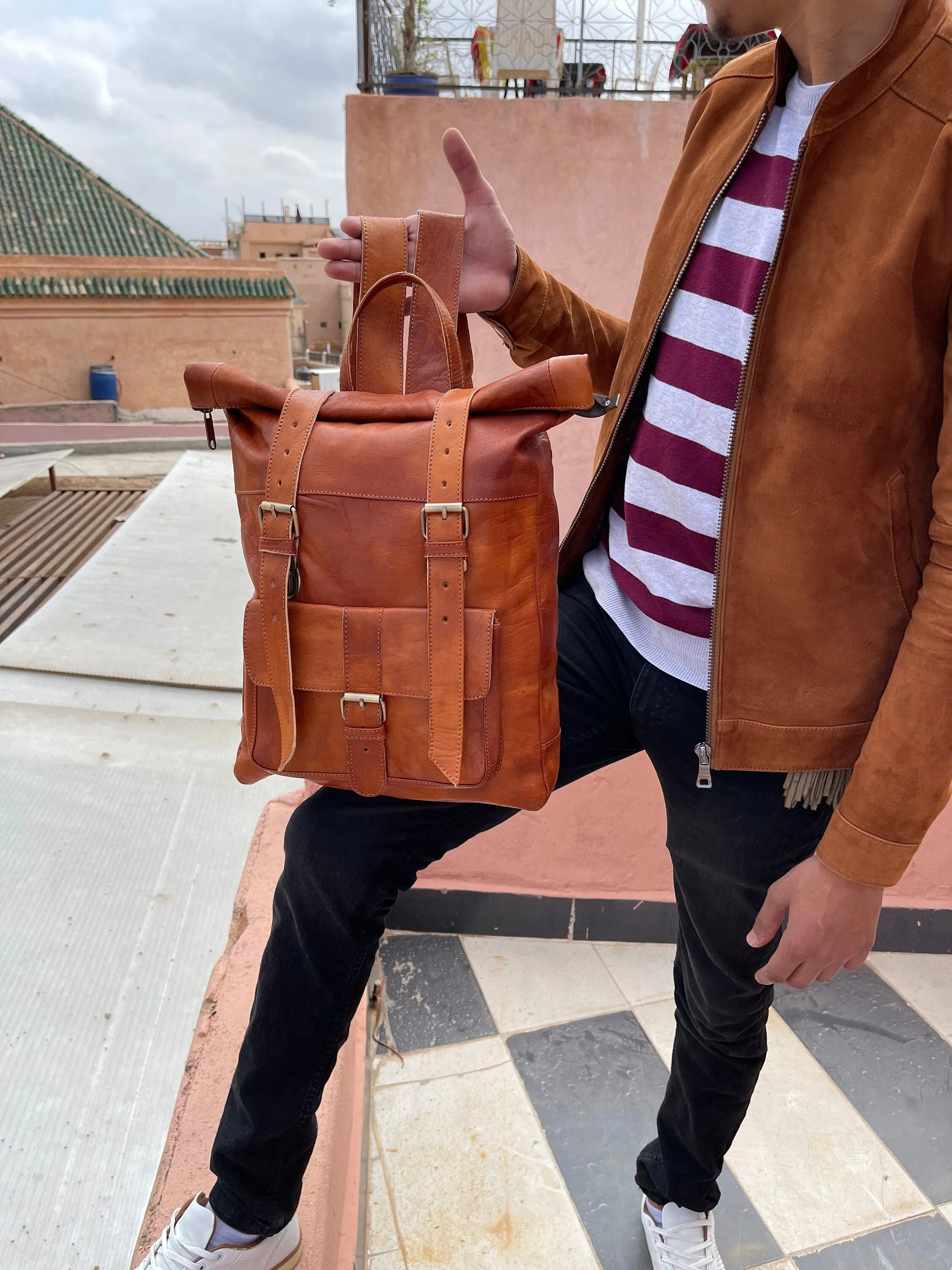 Moroccan Leather Rolltop Backpack - Unisex Hipster Bag - Stylish and Functiona
