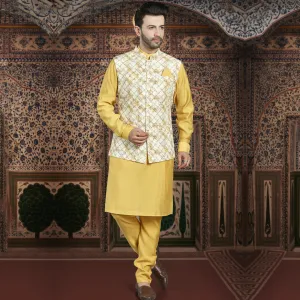 Mosaic Golden Kurta Bandi with Patch Printed Jacket