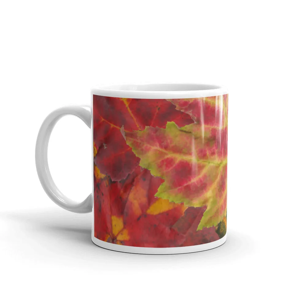 Mug, ceramic, glossy white, featuring a Fall-WInter theme