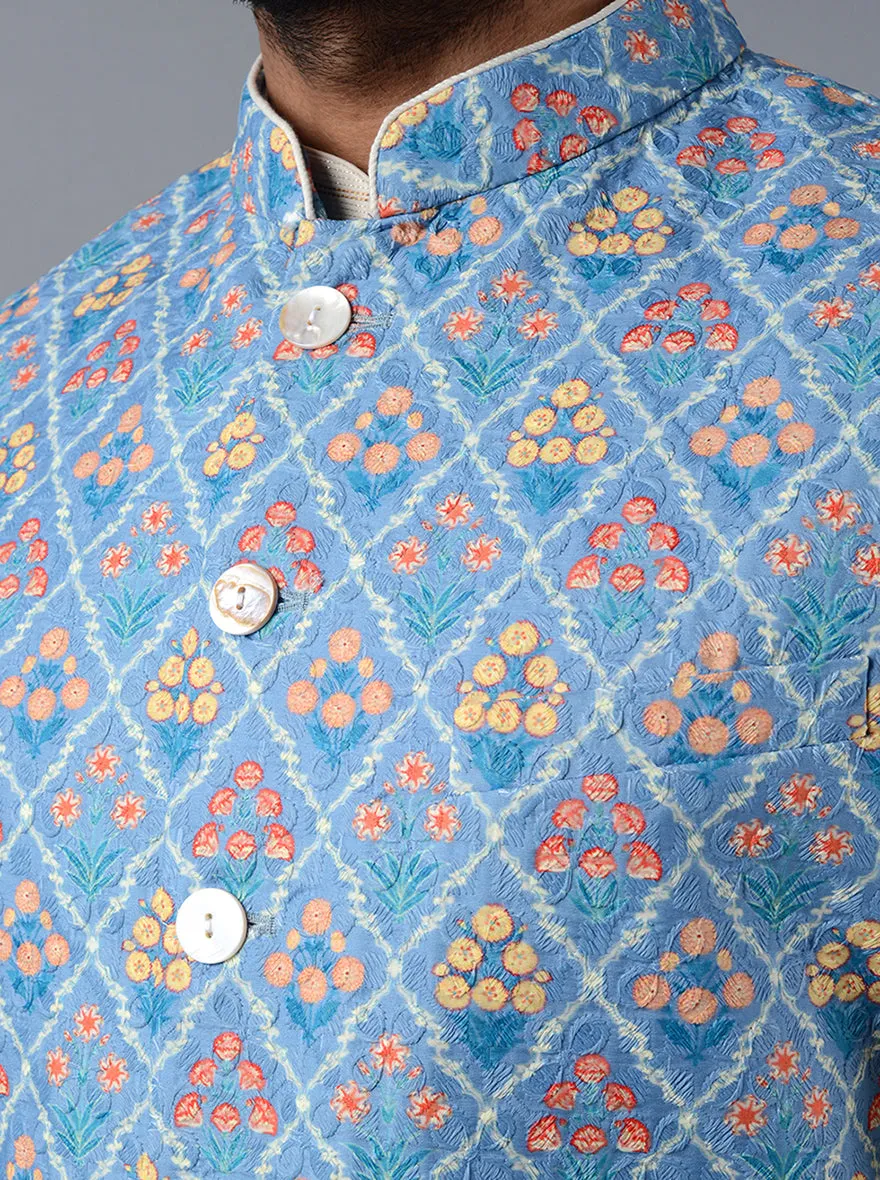 Multicolor Embroidered With Printed Regular Fit Bandhgala Jacket | Azania
