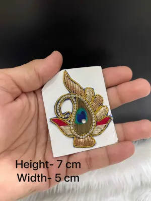 Multicoloured Zardosi Work Decorative Patch – Embroidered Peacock Feather Motif with Crystal Accents