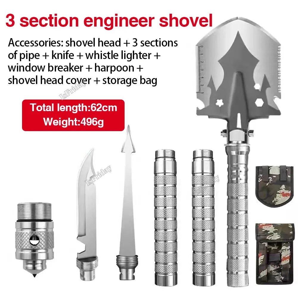 Multifunctional Military Shovel 4 Section Pipe Folding Shovel and Knife Outdoor Fishing Camping Survival Set Garden Tools Kit