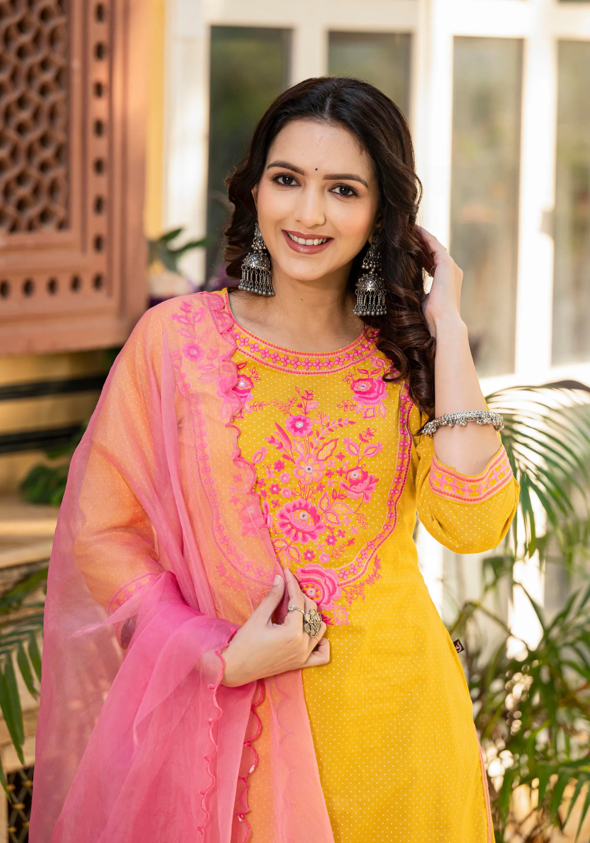 Mustard Ethnic Motif Printed Cotton Kurta Palazzo And Dupatta Set With Thread & Mirror Work