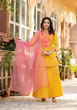Mustard Ethnic Motif Printed Cotton Kurta Palazzo And Dupatta Set With Thread & Mirror Work