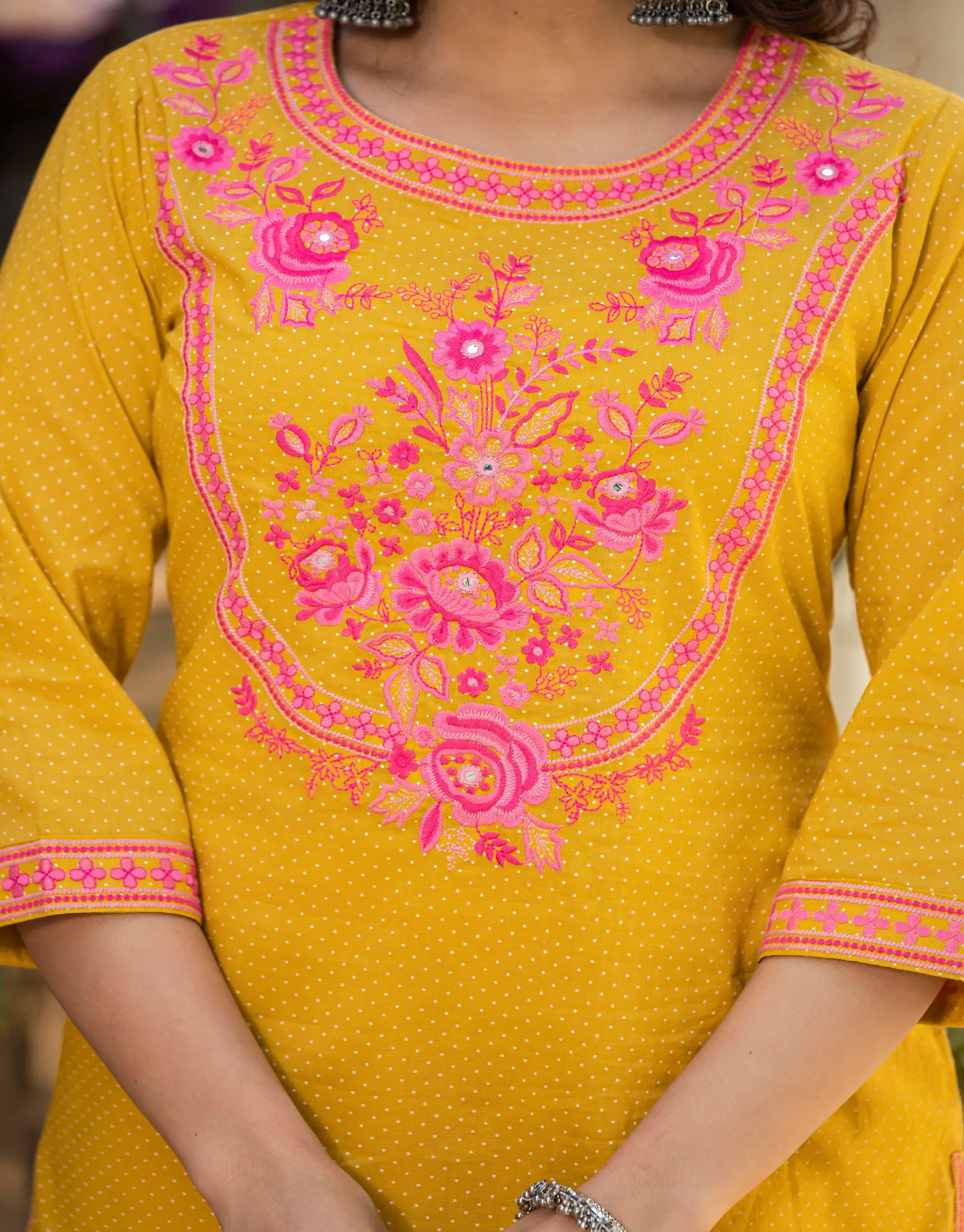 Mustard Ethnic Motif Printed Cotton Kurta Palazzo And Dupatta Set With Thread & Mirror Work