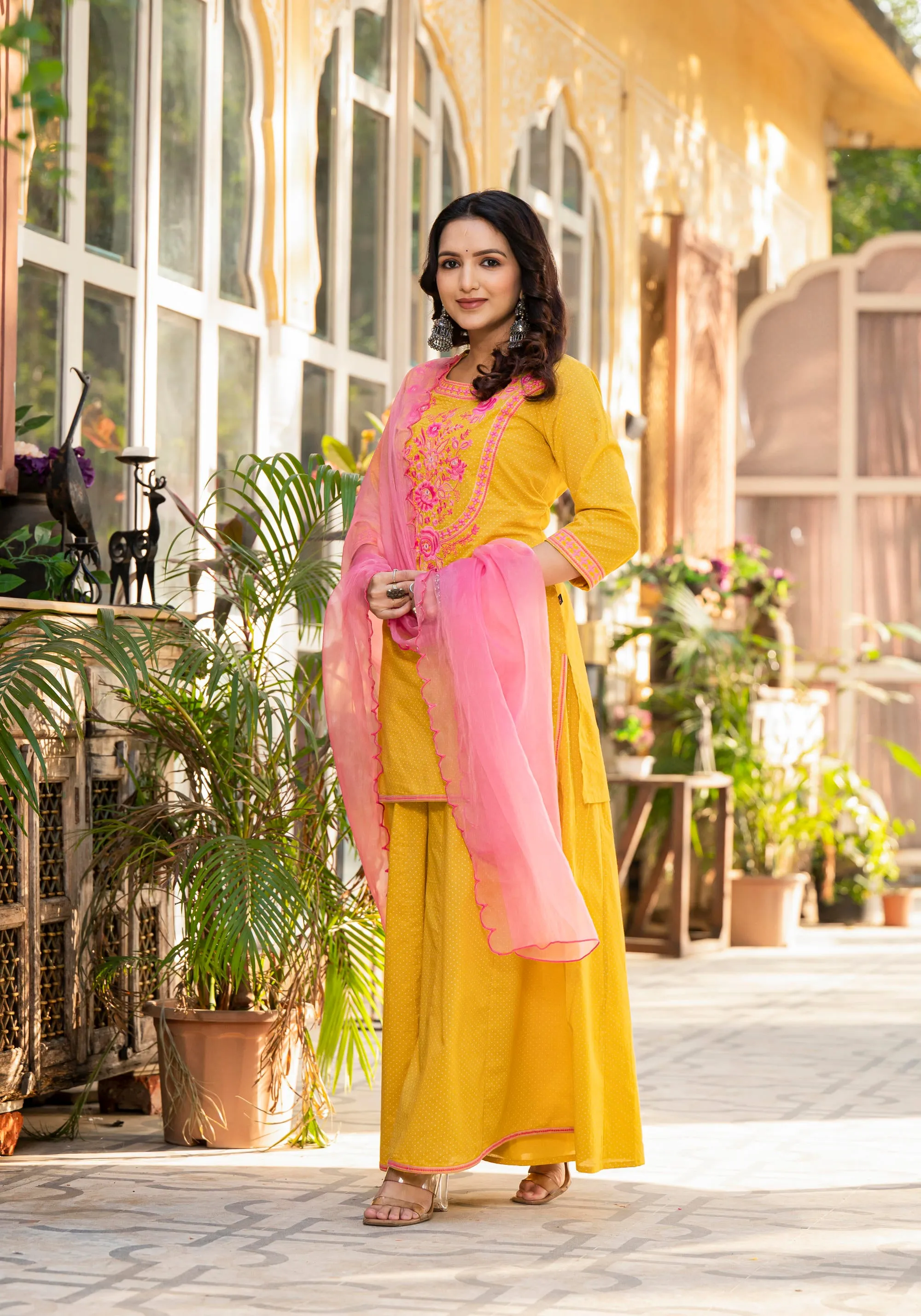Mustard Ethnic Motif Printed Cotton Kurta Palazzo And Dupatta Set With Thread & Mirror Work